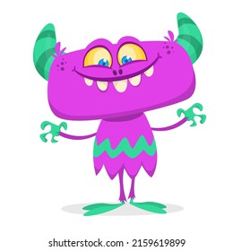 Funny cartoon smiling monster creature. Halloween Illustration of happy alien character. Package or logo design. Vector isolated