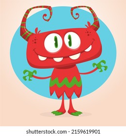 Funny cartoon smiling monster creature. Halloween Illustration of happy alien character. Package or logo design. Vector isolated