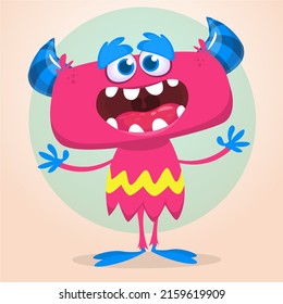 Funny cartoon smiling monster creature. Halloween Illustration of happy alien character. Package or logo design. Vector isolated
