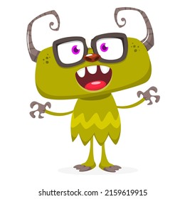 Funny cartoon smiling monster creature. Halloween Illustration of happy alien character. Package or logo design. Vector isolated