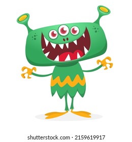 Funny cartoon smiling monster creature. Halloween Illustration of happy alien character. Package or logo design. Vector isolated