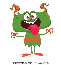 Funny cartoon smiling monster creature. Halloween Illustration of happy alien character. Package or logo design. Vector isolated