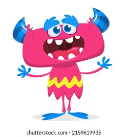 Funny cartoon smiling monster creature. Halloween Illustration of happy alien character. Package or logo design. Vector isolated