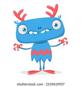 Funny cartoon smiling monster creature. Halloween Illustration of happy alien character. Package or logo design. Vector isolated