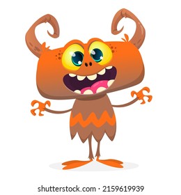 Funny cartoon smiling monster creature. Halloween Illustration of happy alien character. Package or logo design. Vector isolated