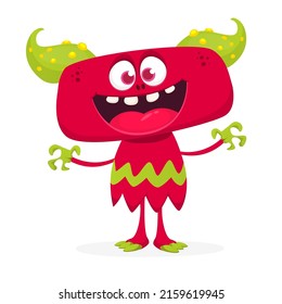 Funny cartoon smiling monster creature. Halloween Illustration of happy alien character. Package or logo design. Vector isolated