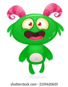 Funny cartoon smiling monster creature. Halloween Illustration of happy alien character. Package or logo design. Vector isolated