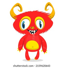 Funny cartoon smiling monster creature. Halloween Illustration of happy alien character. Package or logo design. Vector isolated