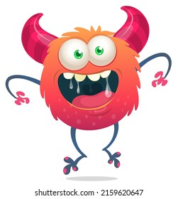 Funny cartoon smiling monster creature. Halloween Illustration of happy alien dancing. Package or logo design. Vector isolated