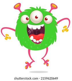 Funny cartoon smiling monster creature. Halloween Illustration of happy alien dancing. Package or logo design. Vector isolated