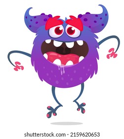 Funny cartoon smiling monster creature. Halloween Illustration of happy alien. Package or logo design. Vector isolated