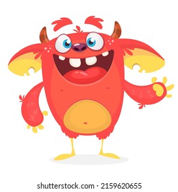 Funny cartoon smiling monster creature. Halloween Illustration of happy alien character. Package or logo design. Vector isolated