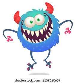 Funny cartoon smiling monster creature. Halloween Illustration of happy alien. Package or logo design. Vector isolated