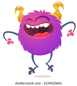 Funny cartoon smiling monster creature. Halloween Illustration of happy alien. Package or logo design. Vector isolated