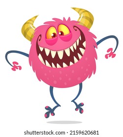 Funny cartoon smiling monster creature. Halloween Illustration of happy alien. Package or logo design. Vector isolated