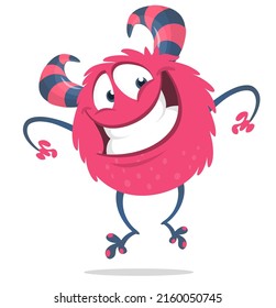 Funny cartoon smiling monster creature. Halloween Illustration of happy alien dancing. Package or logo design. Vector isolated