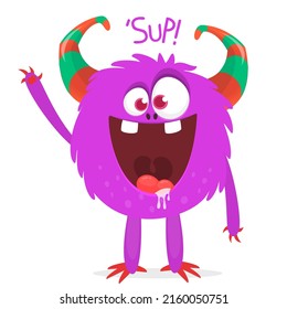 Funny cartoon smiling monster creature. Halloween Illustration of happy alien character. Package or logo design. Vector isolated