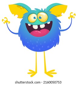 Funny cartoon smiling monster creature. Halloween Illustration of happy alien dancing. Package or logo design. Vector isolated