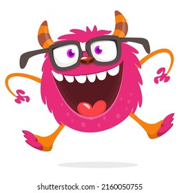 Funny cartoon smiling monster creature. Halloween Illustration of happy alien dancing. Package or logo design. Vector isolated