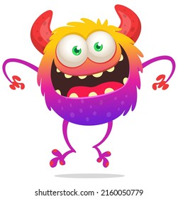 Funny cartoon smiling monster creature. Halloween Illustration of happy alien dancing. Package or logo design. Vector isolated