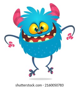 Funny cartoon smiling monster creature. Halloween Illustration of happy alien. Package or logo design. Vector isolated