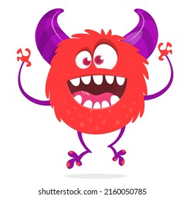 Funny cartoon smiling monster creature. Halloween Illustration of happy alien character. Package or logo design. Vector isolated