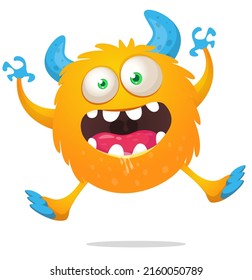 Funny cartoon smiling monster creature. Halloween Illustration of happy alien dancing. Package or logo design. Vector isolated