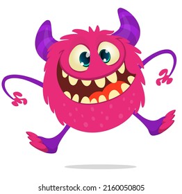 Funny cartoon smiling monster creature. Halloween Illustration of happy alien dancing. Package or logo design. Vector isolated