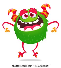 Funny cartoon smiling monster creature. Halloween Illustration of happy alien dancing. Package or logo design. Vector isolated