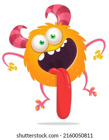Funny cartoon smiling monster creature. Halloween Illustration of happy alien dancing. Package or logo design. Vector isolated
