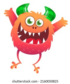 Funny cartoon smiling monster creature. Halloween Illustration of happy alien dancing. Package or logo design. Vector isolated