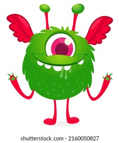 Funny cartoon smiling monster creature. Halloween Illustration of happy alien dancing. Package or logo design. Vector isolated