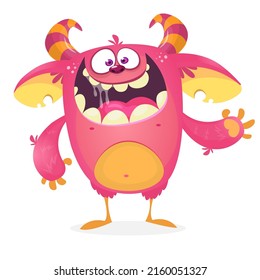 Funny cartoon smiling monster creature. Halloween Illustration of happy alien character. Package or logo design. Vector isolated