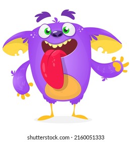 Funny cartoon smiling monster creature. Halloween Illustration of happy alien character. Package or logo design. Vector isolated