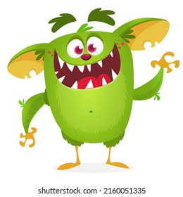 Funny cartoon smiling monster creature. Halloween Illustration of happy alien character. Package or logo design. Vector isolated