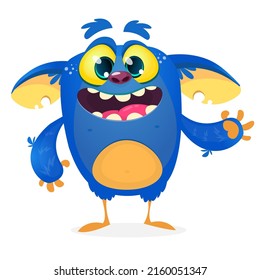 Funny cartoon smiling monster creature. Halloween Illustration of happy alien character. Package or logo design. Vector isolated