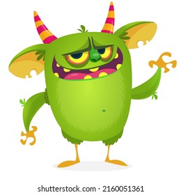 Funny cartoon smiling monster creature. Halloween Illustration of happy alien character. Package or logo design. Vector isolated