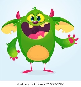 Funny cartoon smiling monster creature. Halloween Illustration of happy alien character. Package or logo design. Vector isolated