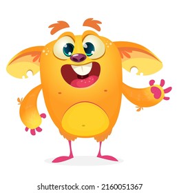 Funny cartoon smiling monster creature. Halloween Illustration of happy alien character. Package or logo design. Vector isolated