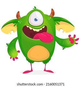 Funny cartoon smiling monster creature. Halloween Illustration of happy alien character. Package or logo design. Vector isolated