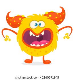 Funny cartoon smiling monster creature. Halloween Illustration of happy alien character. Package or logo design. Vector isolated