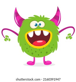 Funny cartoon smiling monster creature. Halloween Illustration of happy alien character. Package or logo design. Vector isolated