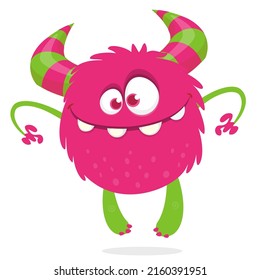 Funny cartoon smiling monster creature. Halloween Illustration of happy alien character. Package or logo design. Vector isolated