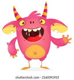 Funny cartoon smiling monster creature. Halloween Illustration of happy alien character. Package or logo design. Vector isolated