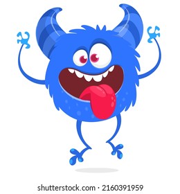 Funny cartoon smiling monster creature. Halloween Illustration of happy alien character. Package or logo design. Vector isolated