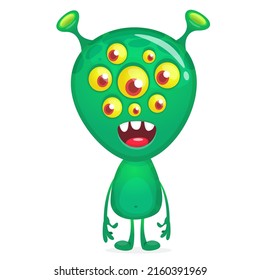Funny cartoon smiling monster creature. Halloween Illustration of happy alien character. Package or logo design. Vector isolated
