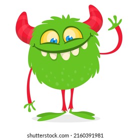 Funny cartoon smiling monster creature. Halloween Illustration of happy alien character. Package or logo design. Vector isolated