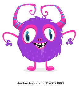 Funny cartoon smiling monster creature. Halloween Illustration of happy alien character. Package or logo design. Vector isolated