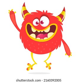 Funny cartoon smiling monster creature. Halloween Illustration of happy alien character. Package or logo design. Vector isolated
