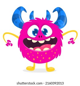 Funny cartoon smiling monster creature. Halloween Illustration of happy alien character. Package or logo design. Vector isolated